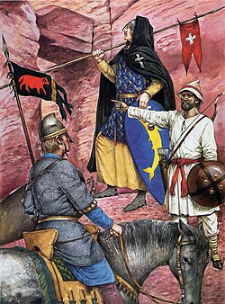 Maronite archer guiding a Knight Hospitaller and Northern Italian Crusader through Wadi Numeira to the Kerak plateau