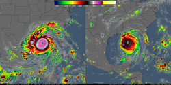 Geographical images of Typhoon Haiyan (superimposed) and Hurricane Katrina (2005) in the Gulf of Mexico for size and cloud top temperature comparison