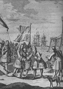 James ("The Old Pretender") lands in Scotland after Sheriffmuir. An 18th-century engraving.