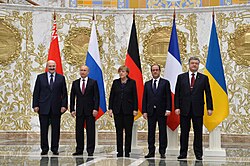 Leaders of Belarus, Russia, Germany, France, and Ukraine at the summit in Minsk, 11–12 February 2015