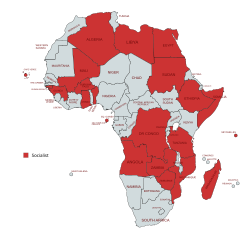 This map shows the 35 countries that adopted some form of socialism on the African continent from the 1950s to the 1980s using modern boundaries.