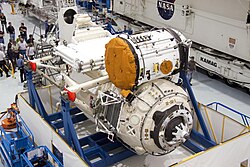 Rassvet module with MLM-outfitting equipment (consisting of experiment airlock, RTOd radiators, and ERA workpost) at KSC