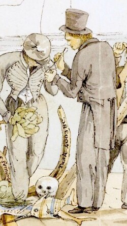 Darwin (right) on the Beagle's deck at Bahía Blanca in Argentina, with fossils; caricature by Augustus Earle, the initial ship's artist