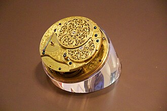 The clockwork in John Harrison's H4 marine chronometer on display at the Royal Observatory, Greenwich