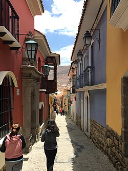 Calle Jaén in the historic center of La Paz, contains well-preserved Spanish Colonial buildings.