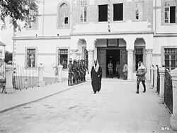 Prince Feisal leaving Chauvel's Desert Mounted Corps Headquarters in Damascus