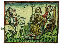 A depiction of an ancient democratic ritual of Slovene-speaking tribes, which took place on the Prince's Stone in Slovene until 1414