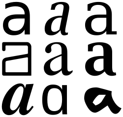 Various glyphs representing instances of the lower case letter ⟨a⟩, considered to be allographs of the same grapheme