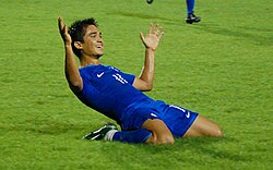 Sunil Chhetri celebrating after scoring a goal