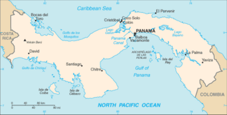 Location of Panama between the Pacific Ocean (bottom) and the Caribbean Sea (top), with the canal at top center