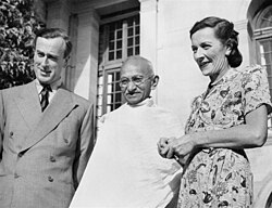 Gandhi (center) in 1947, with Louis Mountbatten, Britain's last Viceroy of India, and his wife Edwina Mountbatten