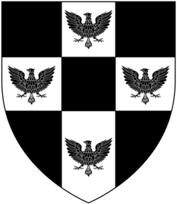 Arms of Buller: Sable, on a cross argent quarter pierced of the field four eagles displayed of the first[1]