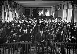 An Arab "protest gathering" in session, in the Rawdat el Maaref hall, 1929. From left to right : unknown – Amin al-Husayni – Musa al-Husayni – Raghib al-Nashashibi – unknown