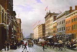 A painting of a snowy city street with horse-drawn sleds and a 19th-century fire truck under blue sky