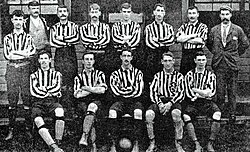 The New Brompton team of 1894 sporting typical kit of the era, including heavy jersey, long shorts, heavy high-topped boots and shin pads worn outside the stockings. Goalkeepers wore the same shirts as their team-mates at this point in time.
