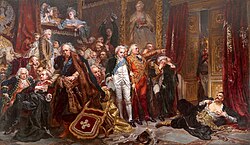 Rejtan at Sejm 1773, oil on canvas by Jan Matejko, 1866, 282 cm × 487 cm (111 in × 192 in), Royal Castle in Warsaw