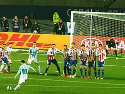 Messi taking a free kick against Paraguay during the 2015 Copa América semi-final