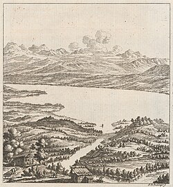 Johann Balthasar Bullinger's imagining of Zurich in Roman times (engraving 1773), with Wellenberg Tower on the river and another tower on Lindenhof hill (to the right)