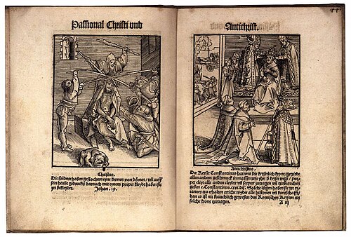 Woodcuts by Lucas Cranach the Elder from the Passional of Christ and Antichrist, contrasting Christ who wears the Crown of Thorns and is mocked (on the left), with the pope crowned with a tiara and adored by bishops and abbots (on the right)