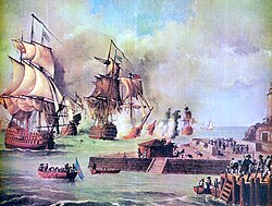 Siege of Cartagena de Indias of 1741, where Spanish Empire forces of 2,800 men, commanded by Blas de Lezo, defeated the British fleet and armies of 23,600 soldiers under Admiral Edward Vernon. The failed siege was decisive for the victory of the War of Jenkins' Ear, and allowed the Spanish Crown to maintain economic dominance in the Caribbean until the Seven Years' War.[39]