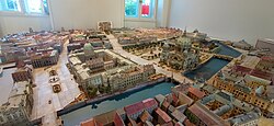 City model in the tourist information room next to Schlüterhof: the palace at center with the cathedral at right.