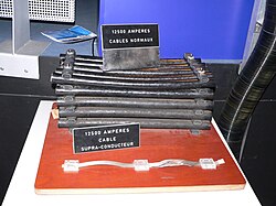 Electric cables for accelerators at CERN. Both the massive and slim cables are rated for 12,500 A. Top: regular cables for LEP; bottom: superconductor-based cables for the LHC