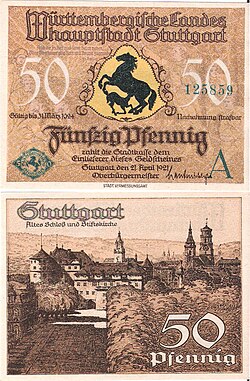 Front and back of a 50-pfennig Notgeld from 1921 featuring the state capital, Stuttgart