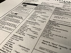 A general election absentee ballot from Fairfax County, Virginia, listing the presidential and vice presidential candidates