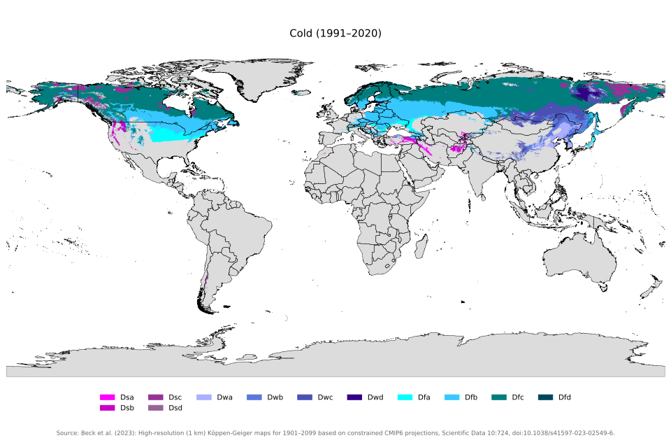 Areas of the world that feature a continental climate, according to Köppen