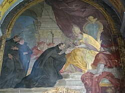 A fresco depicting Ignatius receiving the papal bull from Pope Paul III was created after 1743 by Johann Christoph Handke in the Church of Our Lady Of the Snow in Olomouc.