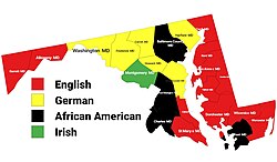Largest alone or in any combination ethnic origin by county in Maryland, per the 2020 census [126]