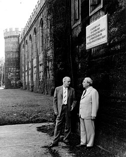 Szilard and Norman Hilberry at the site of CP-1, at the University of Chicago, some years after the war. The building was demolished in 1957.