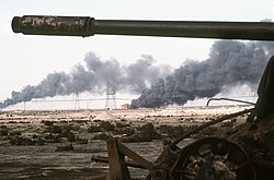 Kuwaiti oil wells on fire during the Gulf War, 1 March 1991