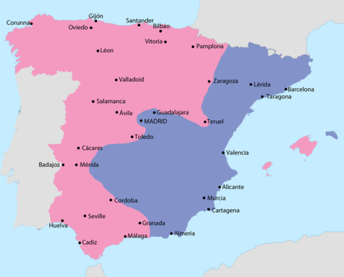 Map showing Spain in October 1937: Area under Nationalist control Area under Republican control