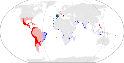 A map of the Spanish Empire (red) and Portuguese Empires (blue) in the period of their personal union (1581–1640)