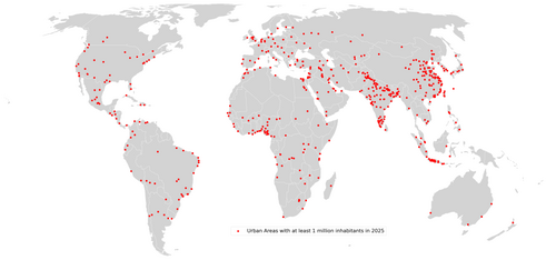 Map showing urban areas with at least one million inhabitants in 2025.