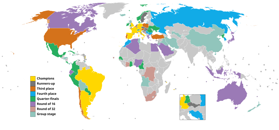Map of countries' best results. The inset map at the lower right shows former Eastern European participants (USSR, Yugoslavia, Czechoslovakia and East Germany).