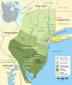 The Lenape territory, known as Lenapehoking, as of the 16th and 17th centuries, with speakers of Munsee (north), Unalachtigo (center), and Unami (south). Inset: The location of the region in the present-day United States.[15][17][18]