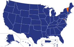 Results of the 2024 Republican presidential primaries. Trump (blue) won everything but Vermont and Washington D.C., which went to Nikki Haley (orange).