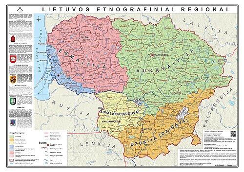 Cultural regions of Lithuania divided by municipalities and elderships: