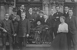 Mathematicians celebrating Siegel's Ph.D. graduation, June 1920 at Göttingen: Grandjot, Bessel-Hagen, Rogosinski, Ness, Windau, Siegel (in the trolley), Walfisz, Krull, Emersleben, Kopfermann, Hedwig Wolff, Boskowits, Kneser.