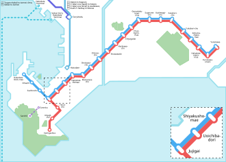 A map of Hakodate tram: red and blue represent trams, grey represents rail, dashed purple represents Mt. Hakodate ropeway, while dashed blue represents ferries