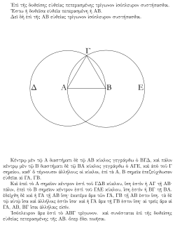 A proof from Euclid's Elements that, given a line segment, one may construct an equilateral triangle that includes the segment as one of its sides: an equilateral triangle ΑΒΓ is made by drawing circles Δ and Ε centered on the points Α and Β, and taking one intersection of the circles as the third vertex of the triangle.