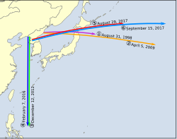 Satellite launches of North Korea. ①: Kwangmyŏngsŏng-1 ②: Kwangmyŏngsŏng-2 ③: Kwangmyŏngsŏng-3 ④: Kwangmyŏngsŏng-4
