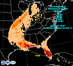 Map of the total rainfall from the hurricane across the United States