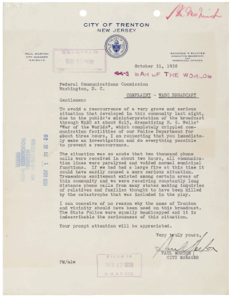 Letter of complaint about the broadcast from the city manager of Trenton, New Jersey, to the Federal Communications Commission (October 31, 1938)