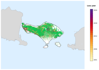 Map of Bali showing tree-cover loss years, with forest remaining since 2000 in green and loss years shaded yellow through purple.