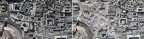 Satellite photographs taken before (2010) and after (late 2014) the destruction of the Old City of Aleppo near the Citadel, including Al-Khusrawiyah Complex (shown above at the left) and the National Hamidi Hospital (Carlton Hotel, shown in the left centre of the picture)