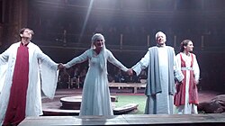 Vargas Llosa acting in his play Los cuentos de la peste in Teatro Español, 2015