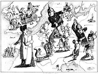 A caricature by Ferdinand Schröder on the defeat of the revolutions of 1848–1849 in Europe (published in Düsseldorfer Monatshefte, August 1849)